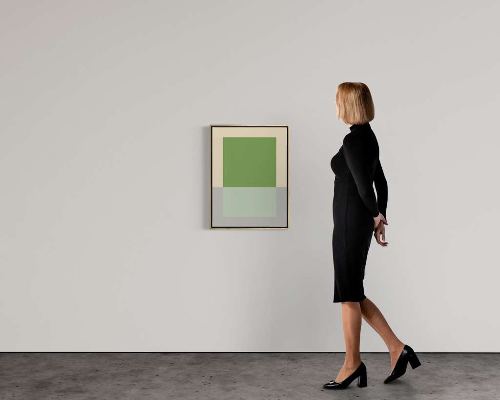 Concrete Composition C_08 by Felix Rios, shown in a gallery setting with a person